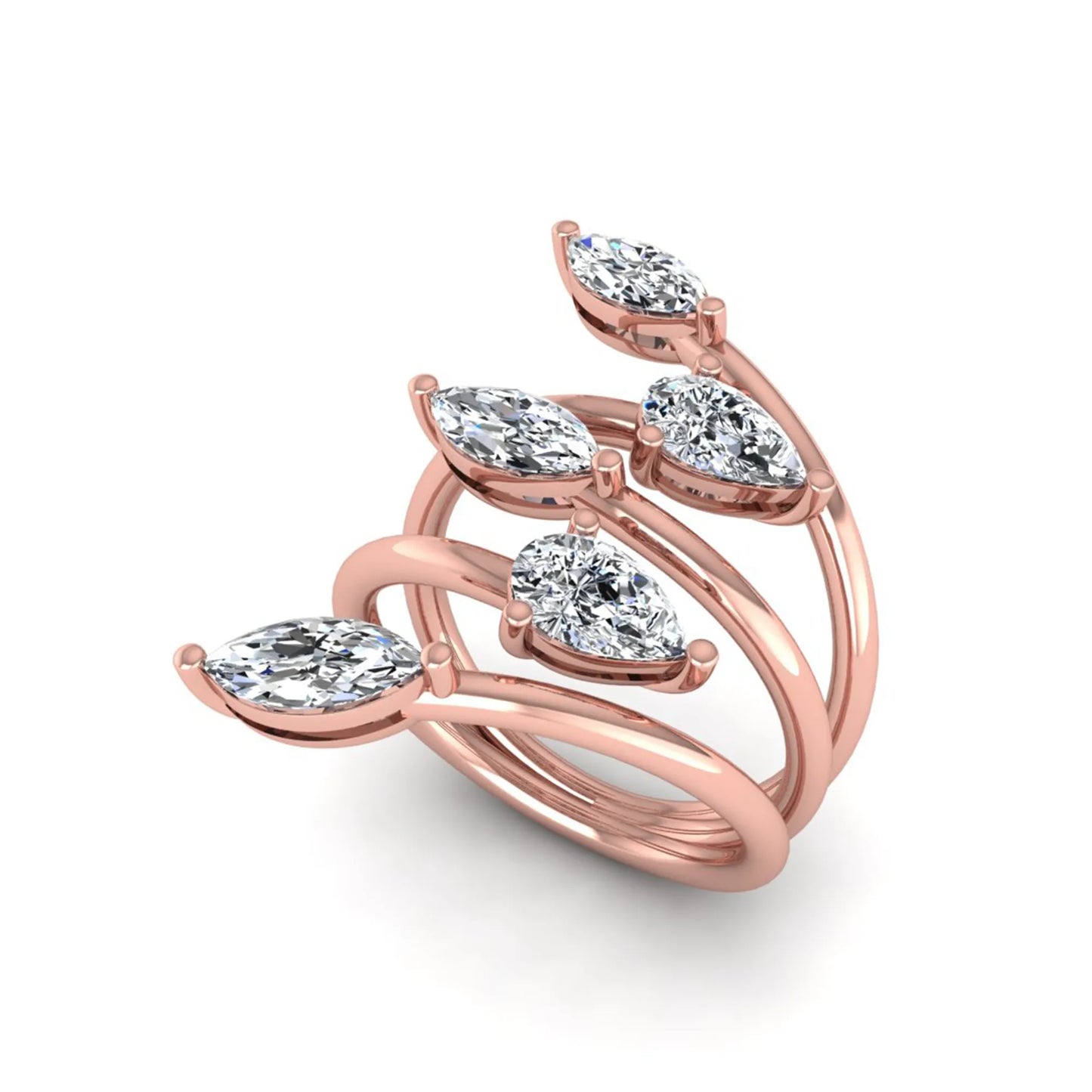 Marquise and pear cut lab grown diamond bypass wrap ring featuring alternating diamonds in a flowing rose gold tone prong setting.