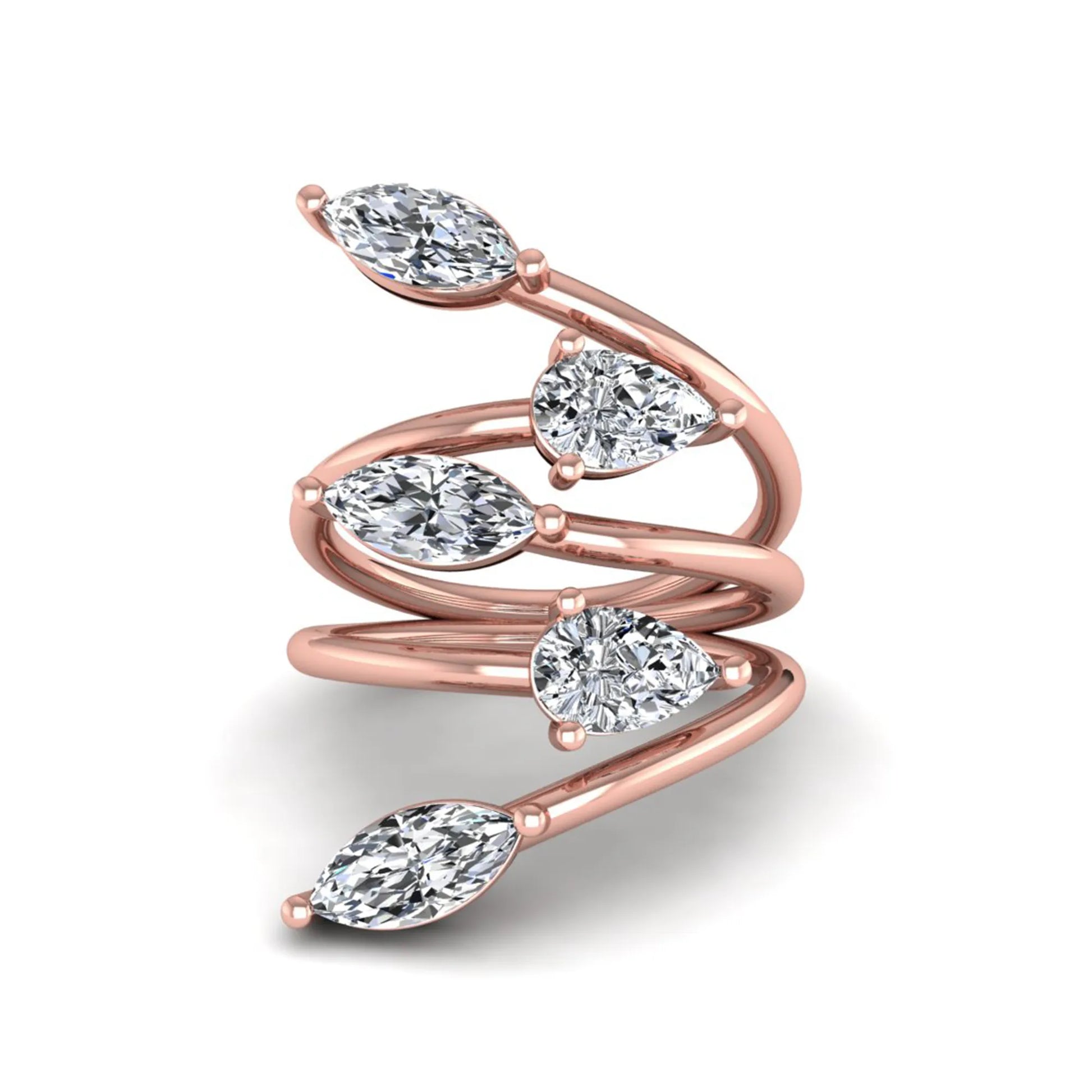 Marquise and pear cut lab grown diamond bypass wrap ring featuring alternating diamonds in a flowing rose gold tone prong setting.