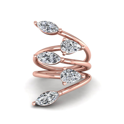 Marquise and pear cut lab grown diamond bypass wrap ring featuring alternating diamonds in a flowing rose gold tone prong setting.