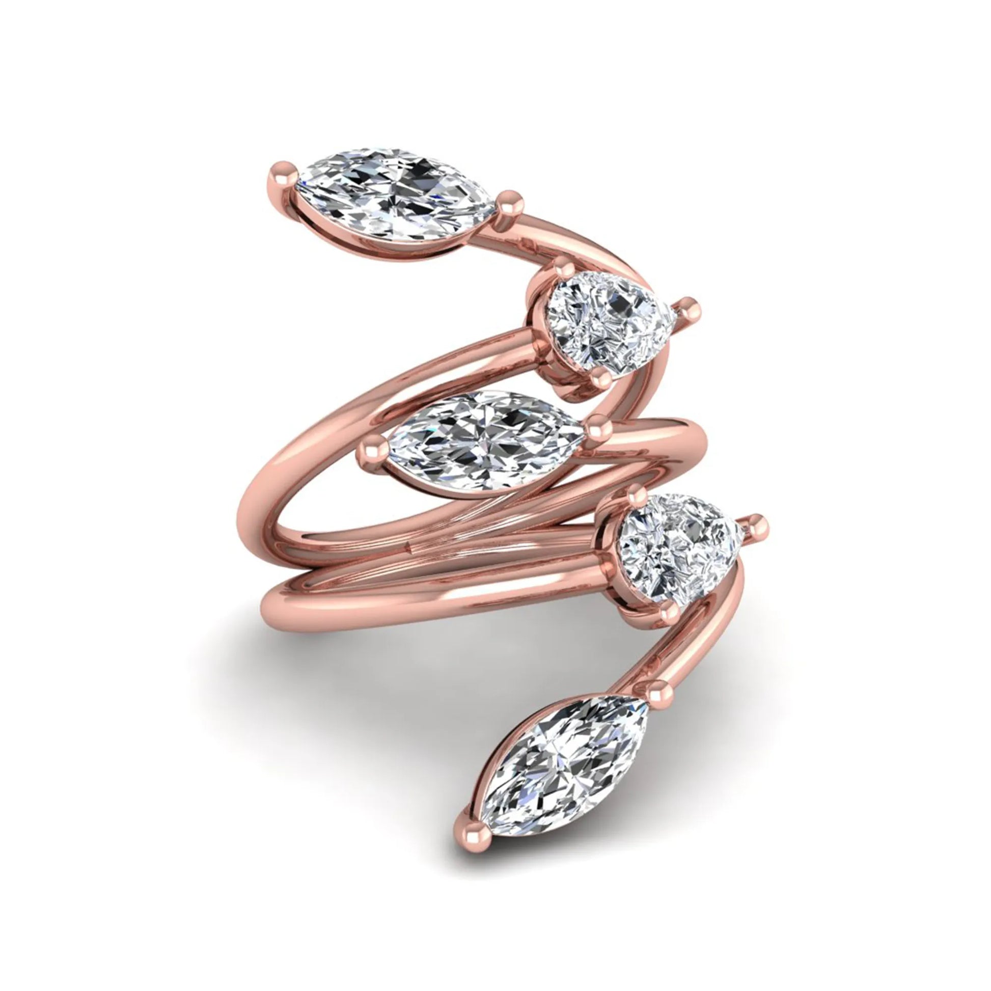 Marquise and pear cut lab grown diamond bypass wrap ring featuring alternating diamonds in a flowing rose gold tone prong setting.