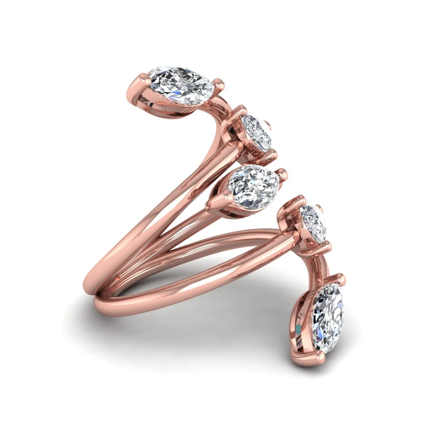 Marquise and pear cut lab grown diamond bypass wrap ring featuring alternating diamonds in a flowing rose gold tone prong setting.