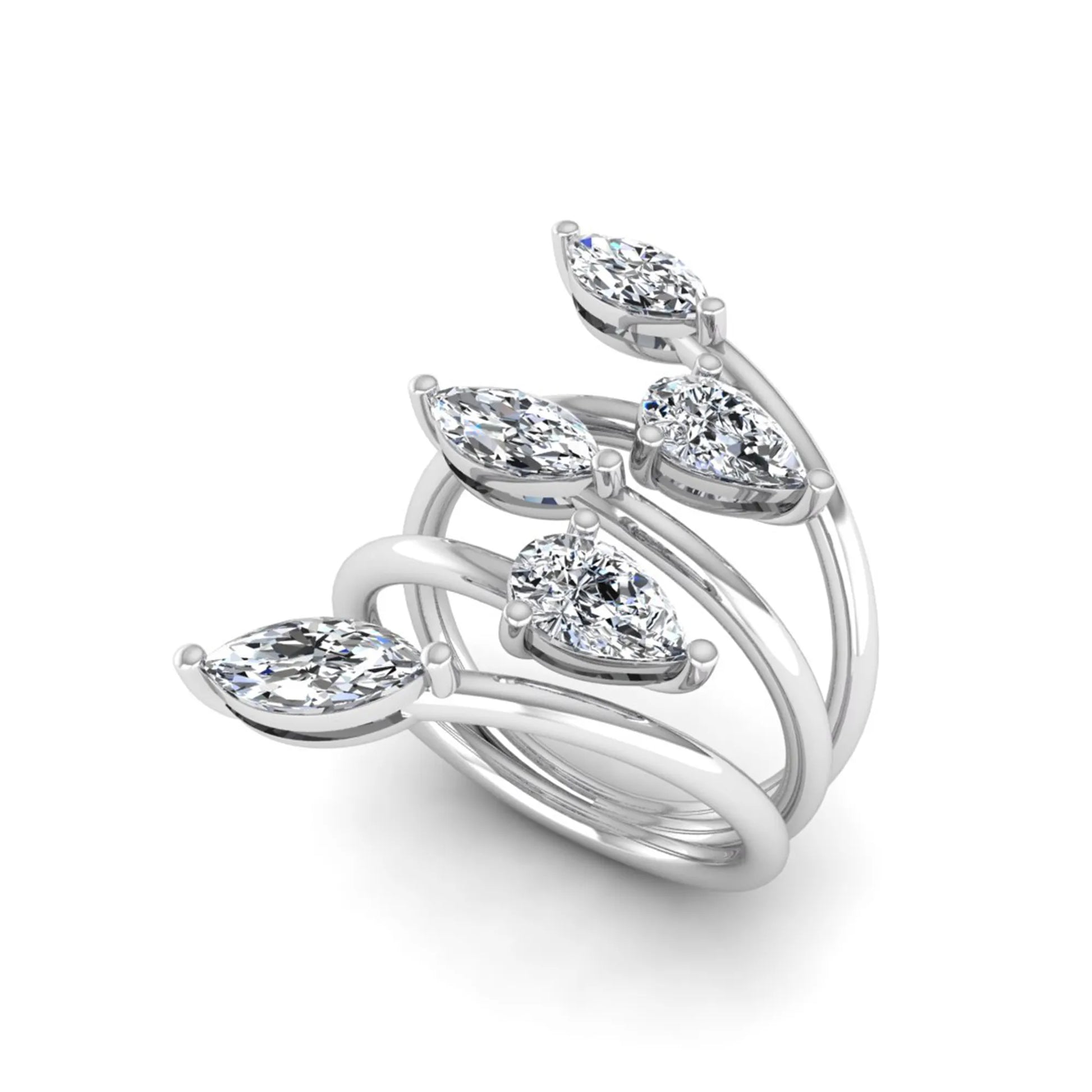 Marquise and pear cut lab grown diamond bypass wrap ring featuring alternating diamonds in a flowing white gold tone prong setting.