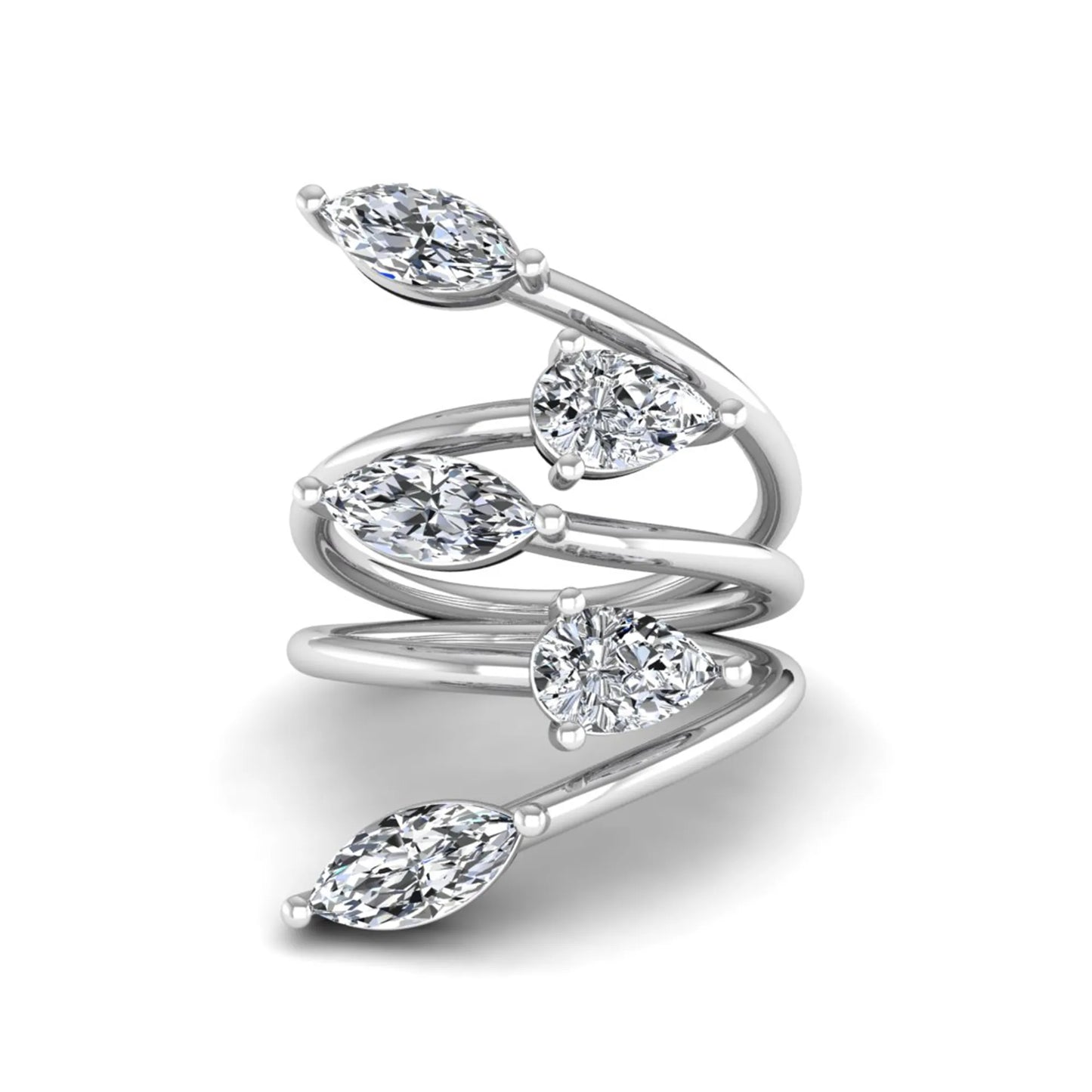 Marquise and pear cut lab grown diamond bypass wrap ring featuring alternating diamonds in a flowing white gold tone prong setting.