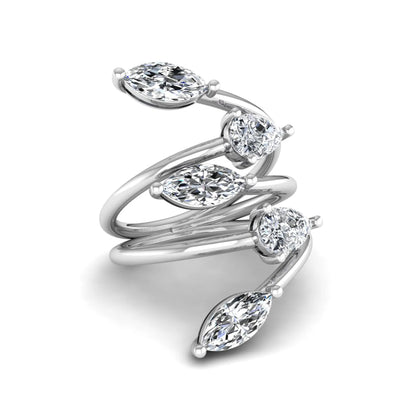 Marquise and pear cut lab grown diamond bypass wrap ring featuring alternating diamonds in a flowing white gold tone prong setting.