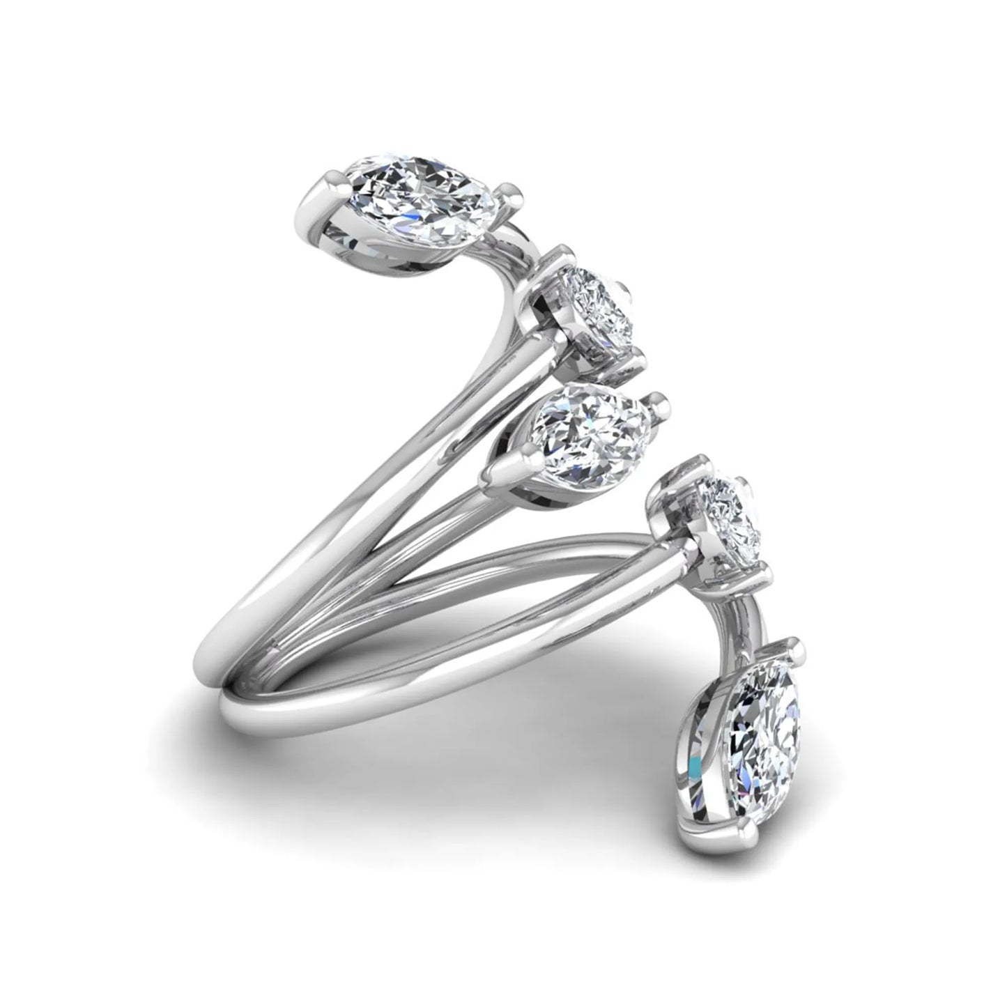 Marquise and pear cut lab grown diamond bypass wrap ring featuring alternating diamonds in a flowing white gold tone prong setting.