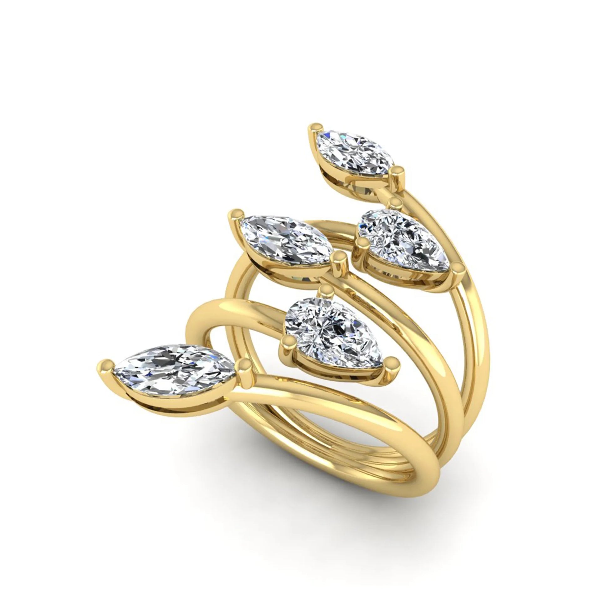 Marquise and pear cut lab grown diamond bypass wrap ring featuring alternating diamonds in a flowing yellow gold tone prong setting.