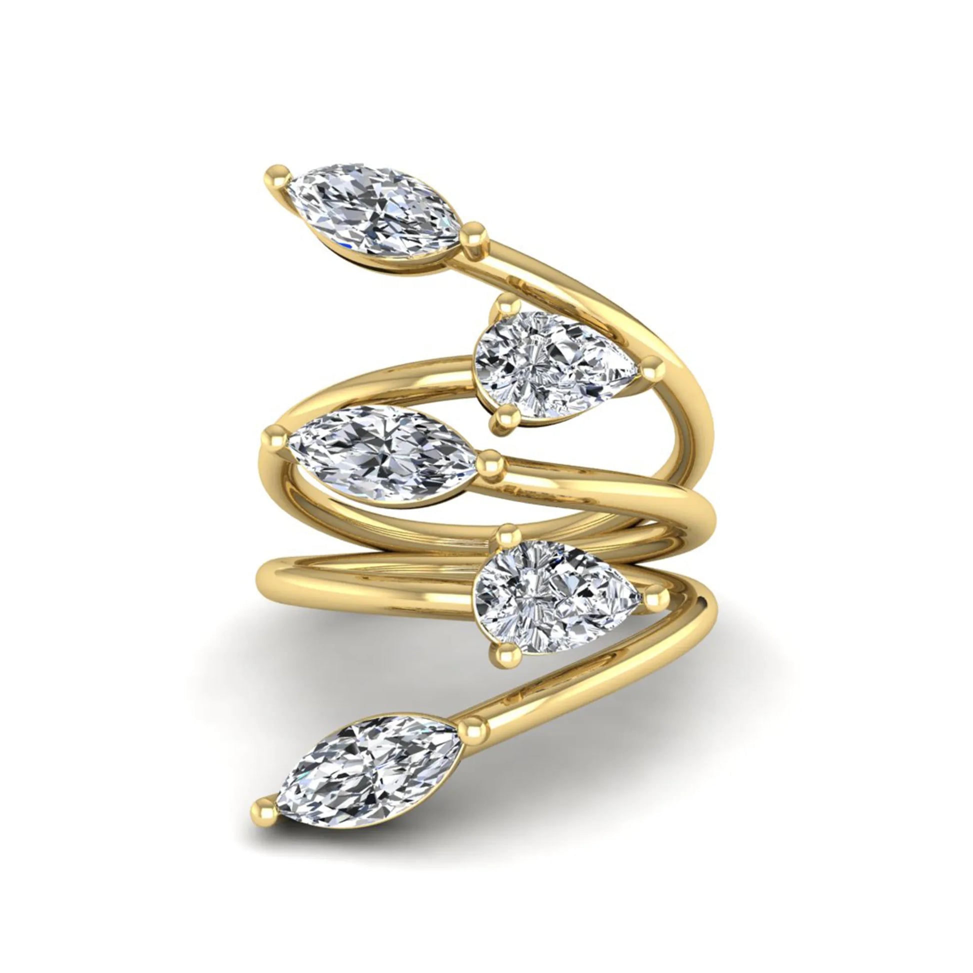 Marquise and pear cut lab grown diamond bypass wrap ring featuring alternating diamonds in a flowing yellow gold tone prong setting.