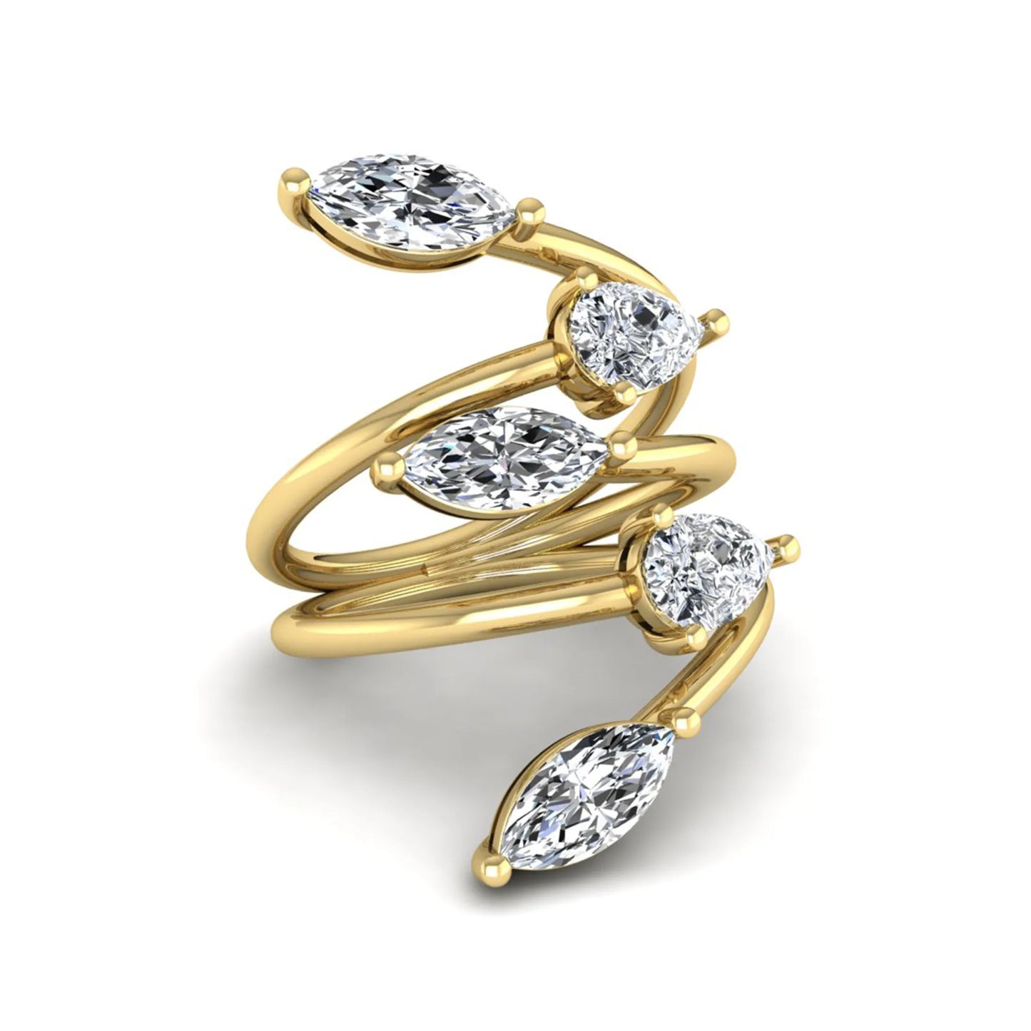 Marquise and pear cut lab grown diamond bypass wrap ring featuring alternating diamonds in a flowing yellow gold tone prong setting.