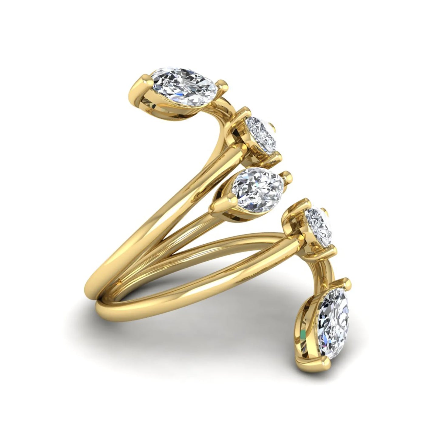 Marquise and pear cut lab grown diamond bypass wrap ring featuring alternating diamonds in a flowing yellow gold tone prong setting.
