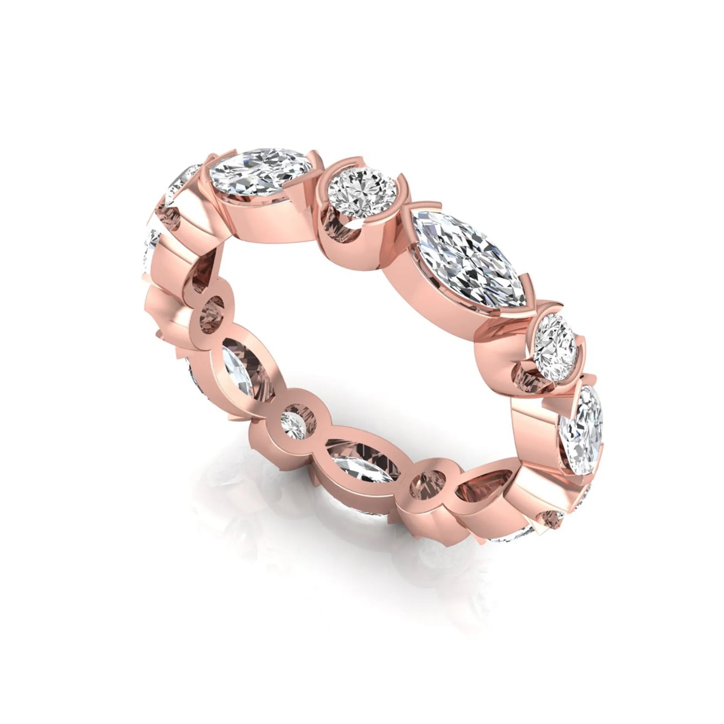Marquise and round cut lab grown diamond full eternity band featuring alternating diamonds in a modern bezel-inspired setting in rose gold