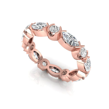 Marquise and round cut lab grown diamond full eternity band featuring alternating diamonds in a modern bezel-inspired setting in rose gold