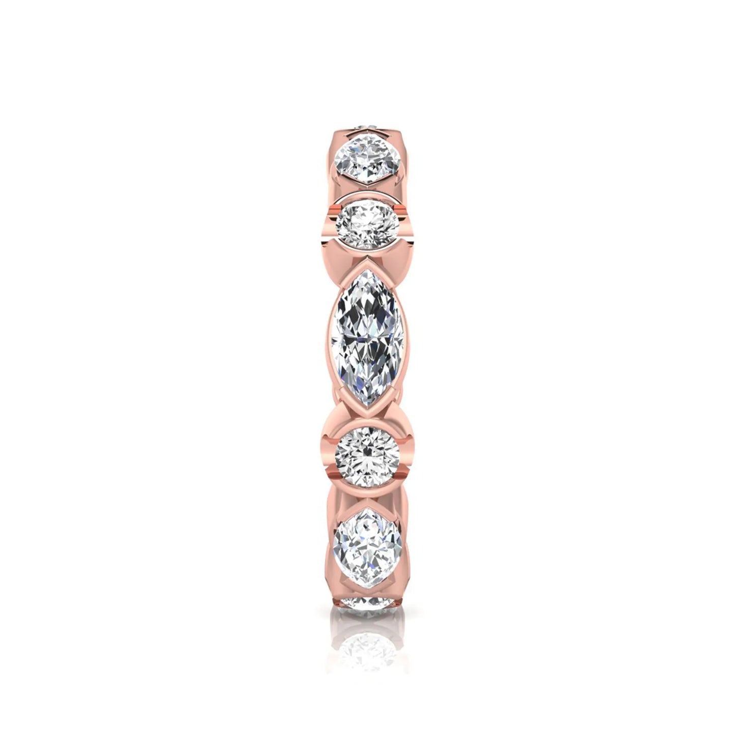 Marquise and round cut lab grown diamond full eternity band featuring alternating diamonds in a modern bezel-inspired setting in rose gold