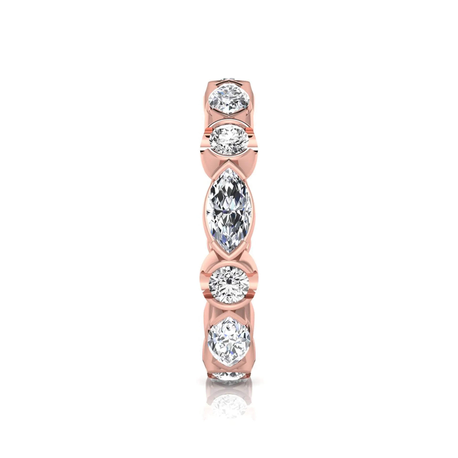 Marquise and round cut lab grown diamond full eternity band featuring alternating diamonds in a modern bezel-inspired setting in rose gold