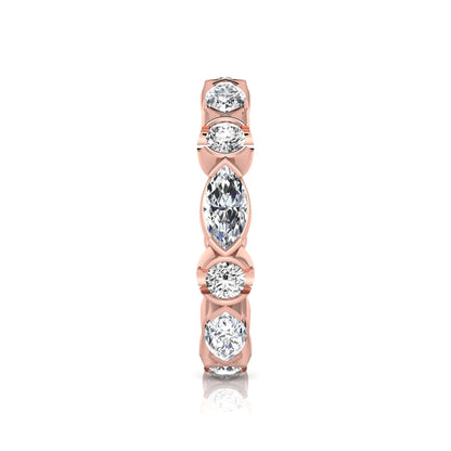 Marquise and round cut lab grown diamond full eternity band featuring alternating diamonds in a modern bezel-inspired setting in rose gold