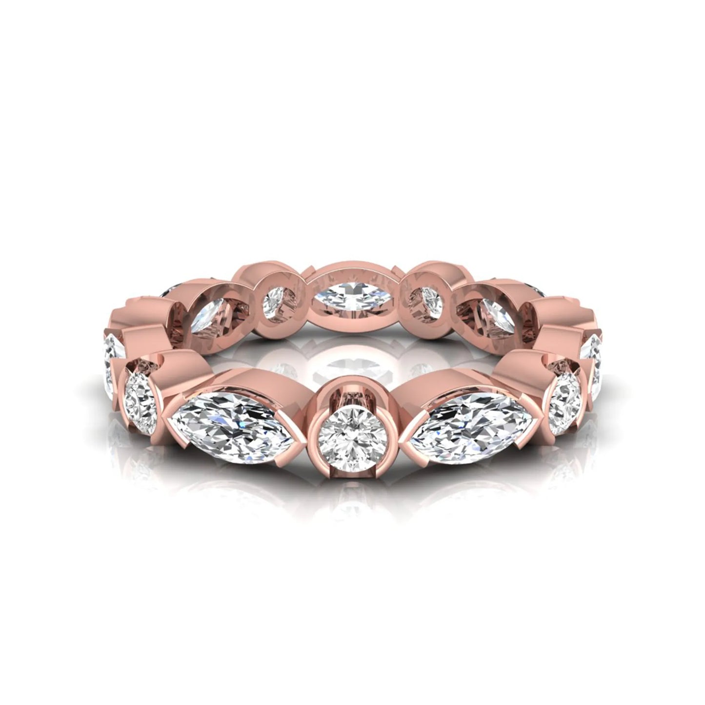 Marquise and round cut lab grown diamond full eternity band featuring alternating diamonds in a modern bezel-inspired setting in rose gold