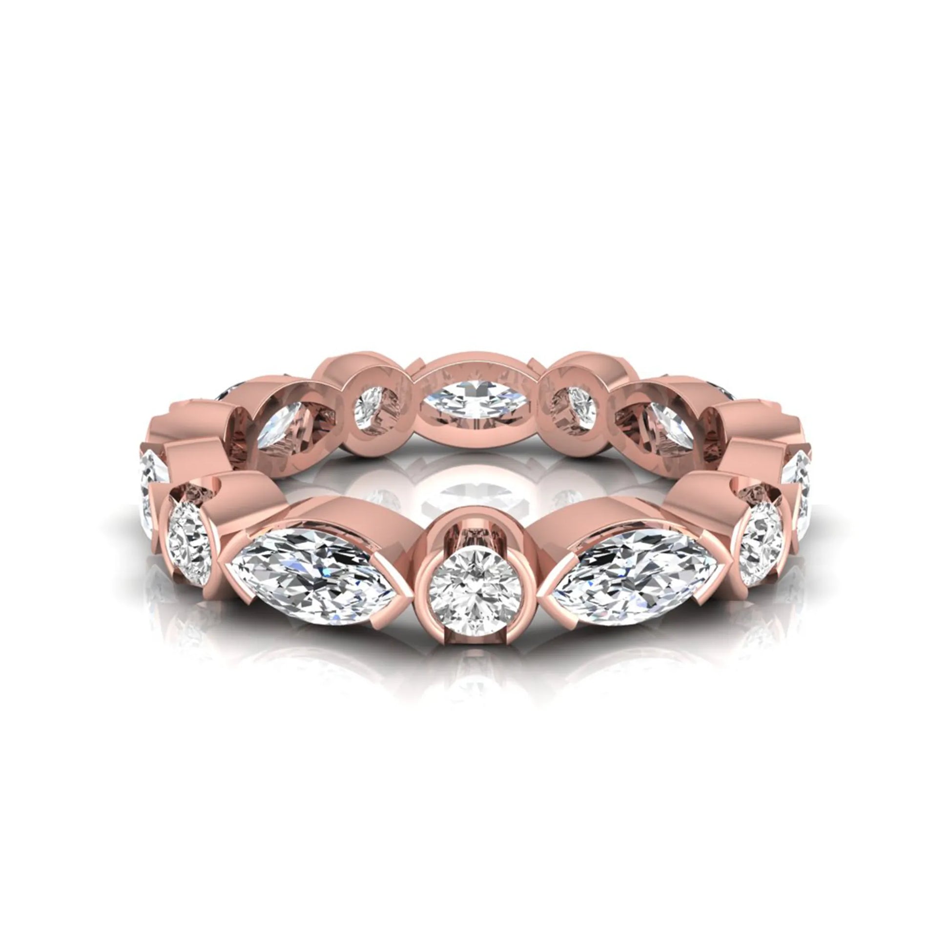 Marquise and round cut lab grown diamond full eternity band featuring alternating diamonds in a modern bezel-inspired setting in rose gold