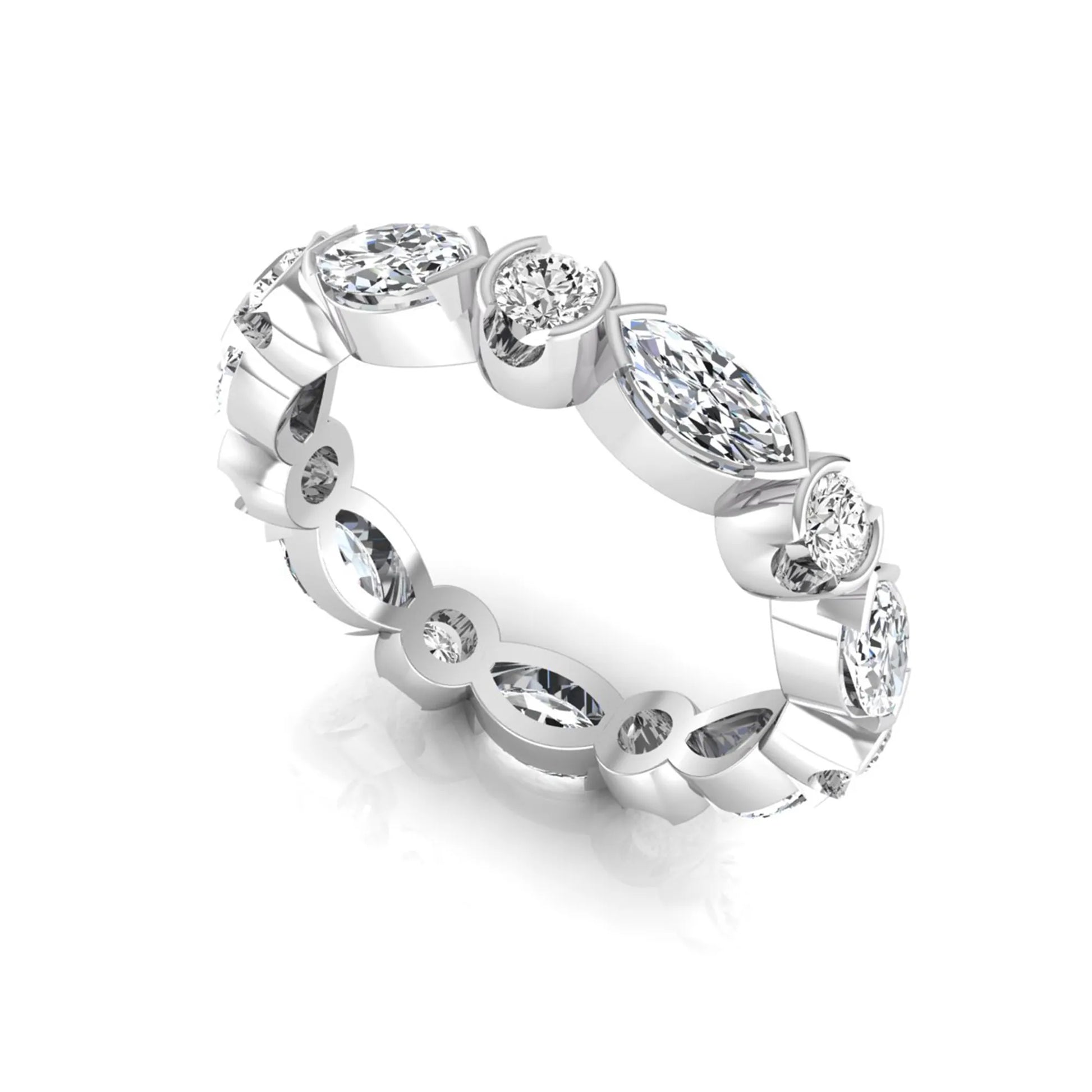 Marquise and round cut lab grown diamond full eternity band featuring alternating diamonds in a modern bezel-inspired setting in white gold