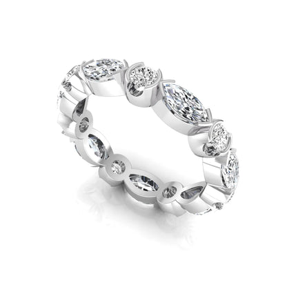 Marquise and round cut lab grown diamond full eternity band featuring alternating diamonds in a modern bezel-inspired setting in white gold