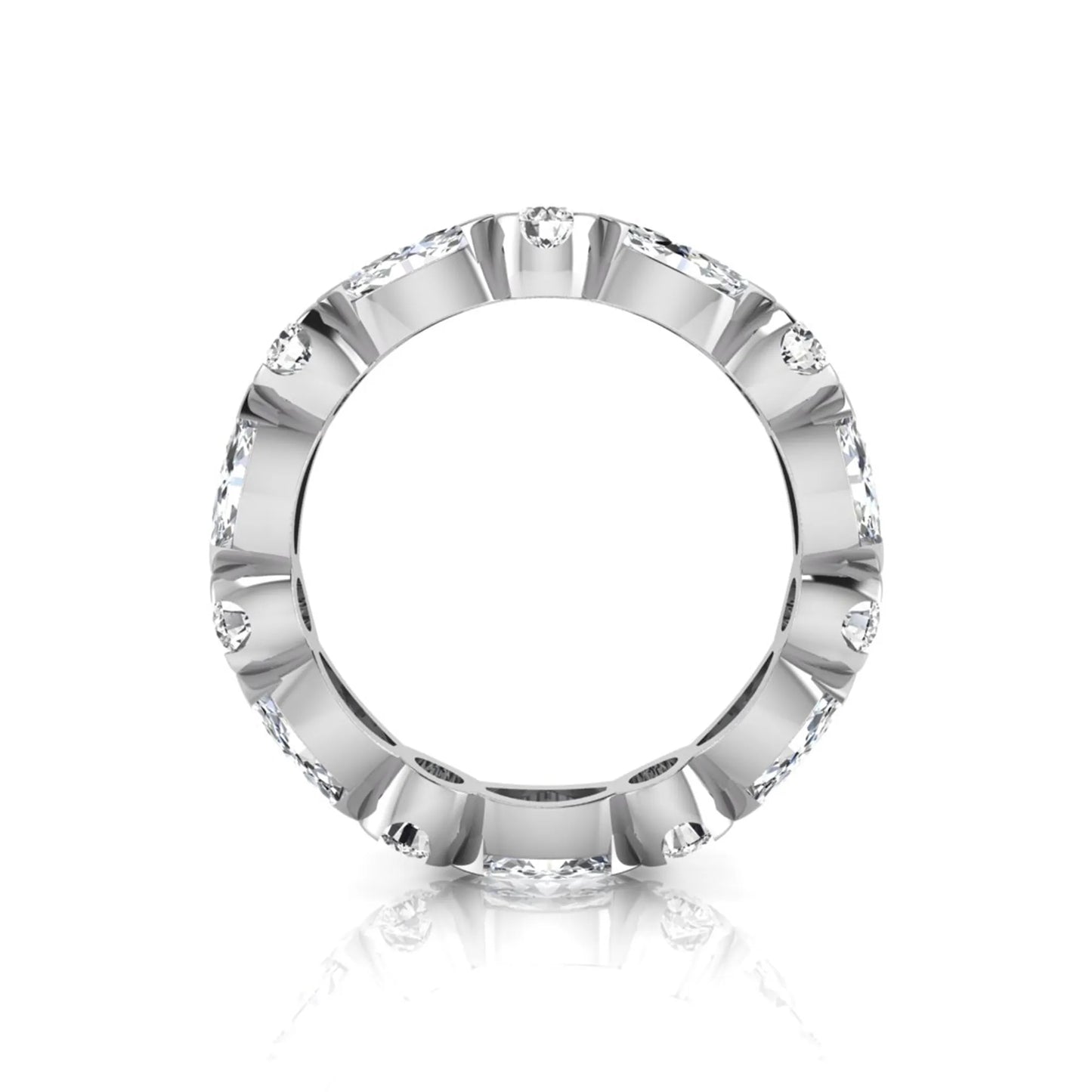 Marquise and round cut lab grown diamond full eternity band featuring alternating diamonds in a modern bezel-inspired setting in white gold