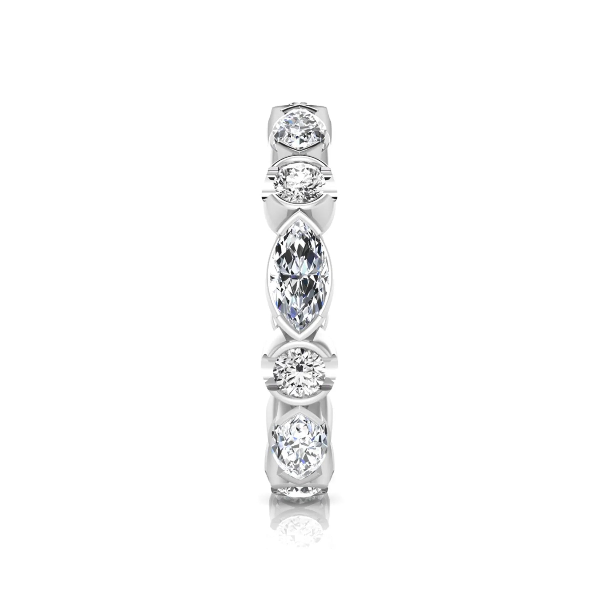 Marquise and round cut lab grown diamond full eternity band featuring alternating diamonds in a modern bezel-inspired setting in white gold