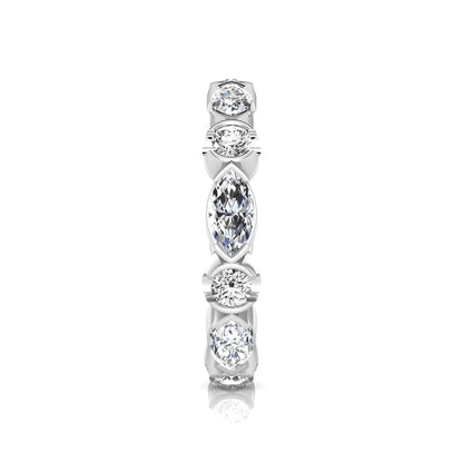 Marquise and round cut lab grown diamond full eternity band featuring alternating diamonds in a modern bezel-inspired setting in white gold