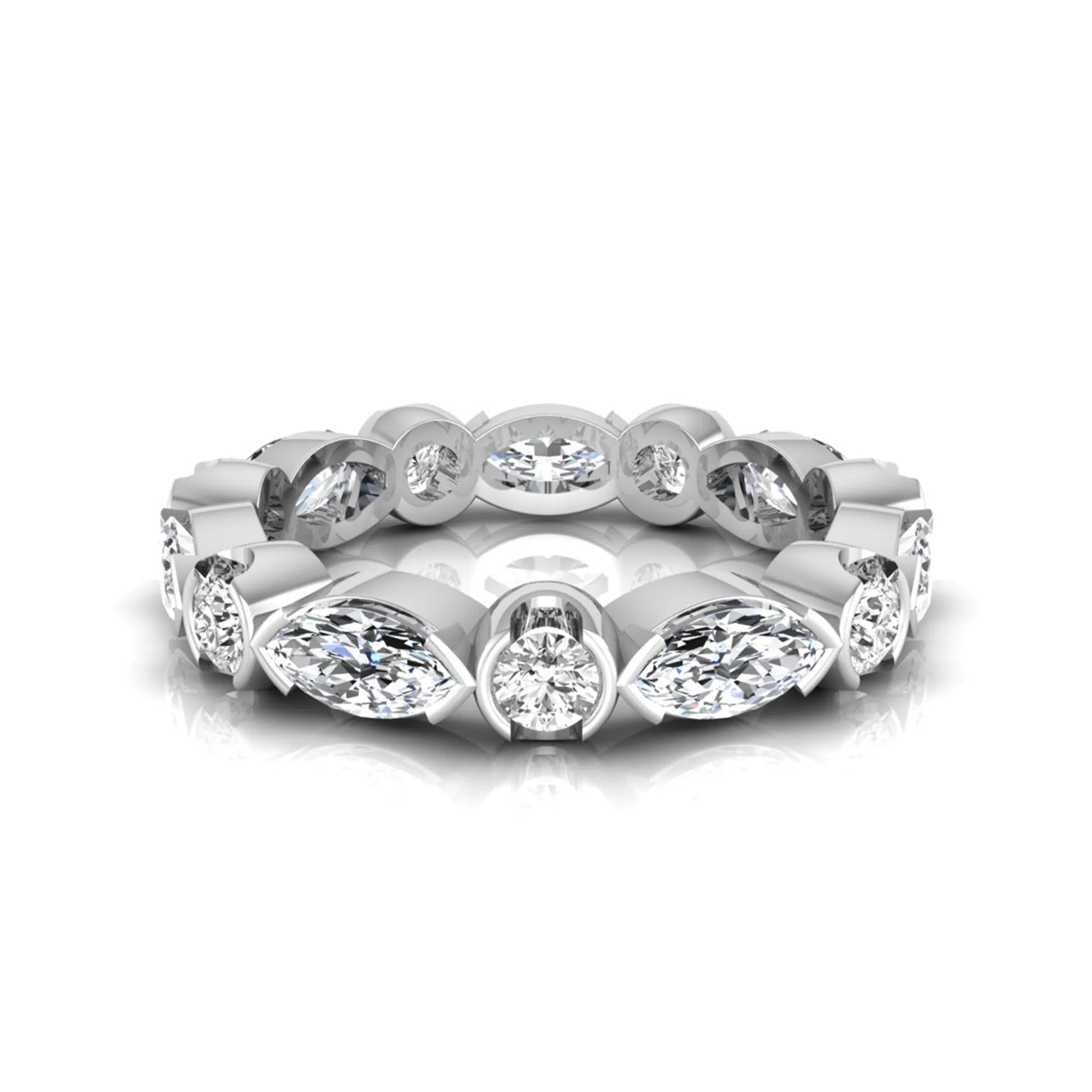 Marquise and round cut lab grown diamond full eternity band featuring alternating diamonds in a modern bezel-inspired setting in white gold