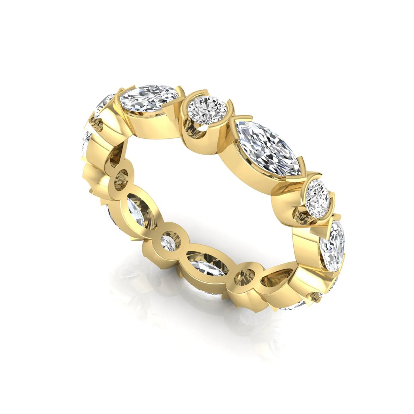 Marquise and round cut lab grown diamond full eternity band featuring alternating diamonds in a modern bezel-inspired setting in yellow gold