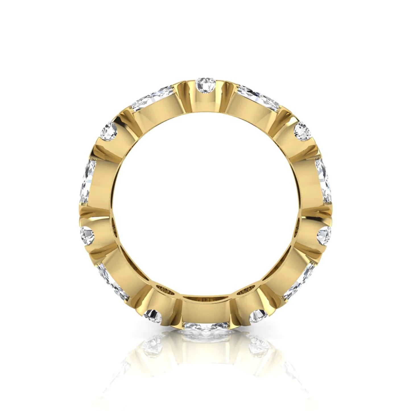 Marquise and round cut lab grown diamond full eternity band featuring alternating diamonds in a modern bezel-inspired setting in yellow gold
