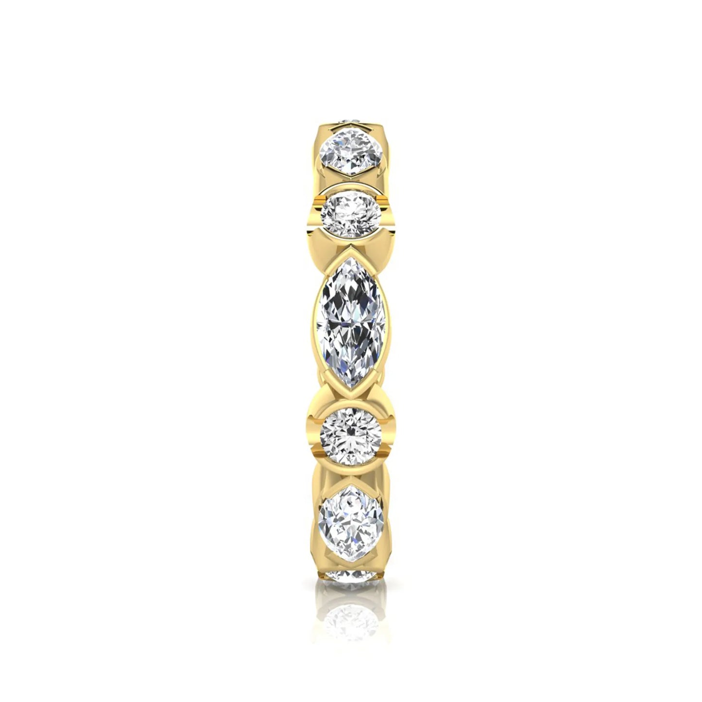 Marquise and round cut lab grown diamond full eternity band featuring alternating diamonds in a modern bezel-inspired setting in yellow gold