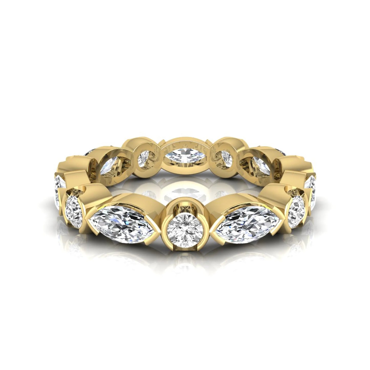 Marquise and round cut lab grown diamond full eternity band featuring alternating diamonds in a modern bezel-inspired setting in yellow gold