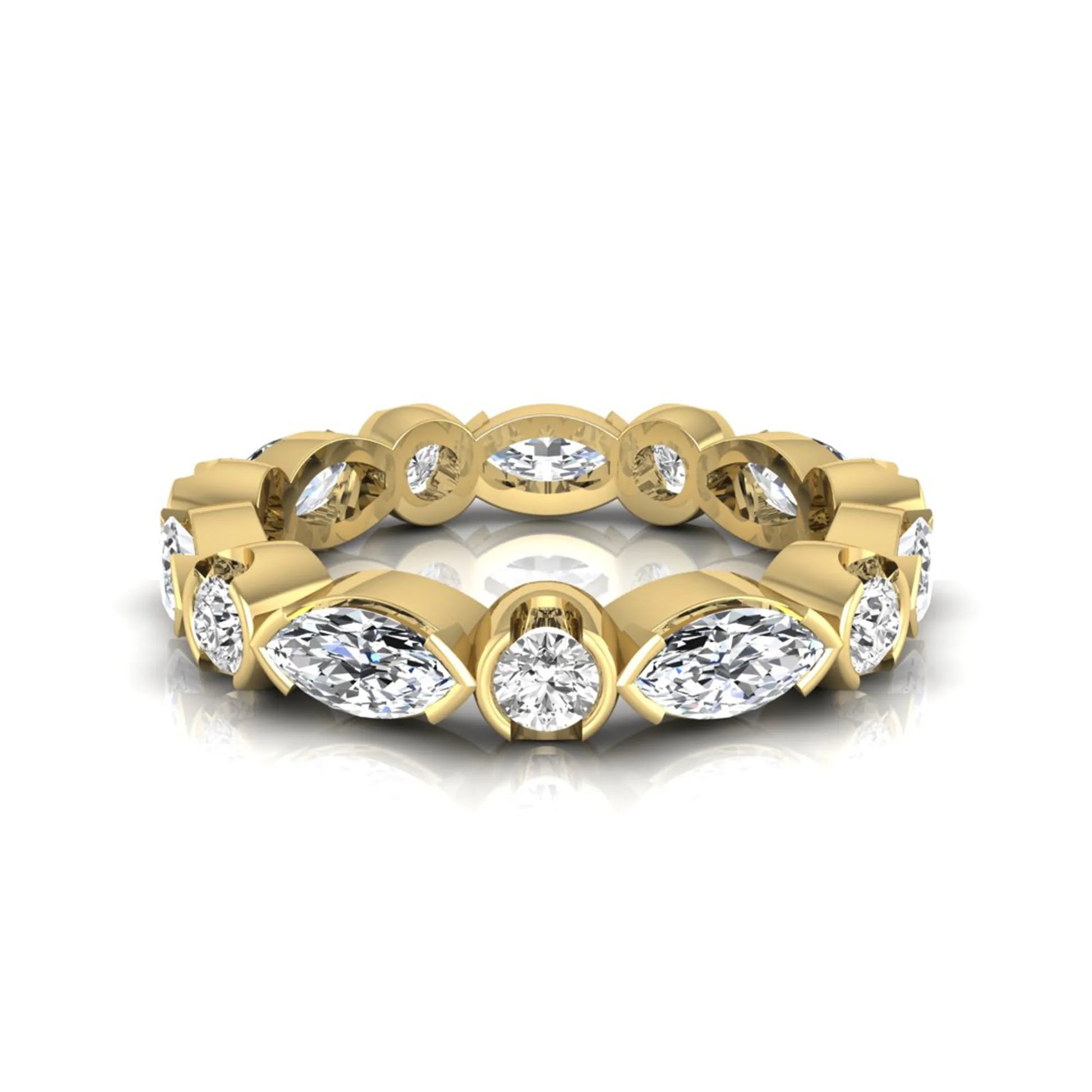 Marquise and round cut lab grown diamond full eternity band featuring alternating diamonds in a modern bezel-inspired setting in yellow gold