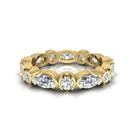 Marquise and round cut lab grown diamond full eternity band featuring alternating diamonds in a modern bezel-inspired setting in yellow gold