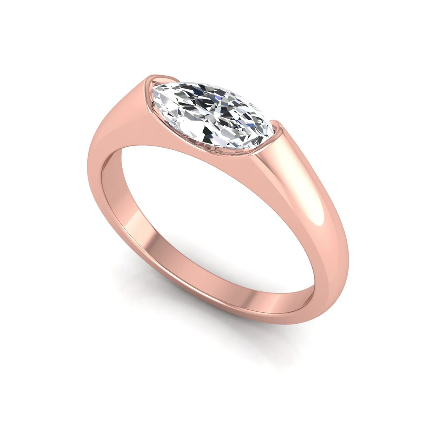 Marquise cut lab grown diamond engagement ring with bezel setting and polished rose gold tone tapered band