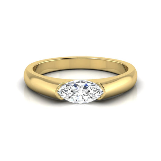 Marquise cut lab grown diamond engagement ring with bezel setting and polished yellow gold tone tapered band