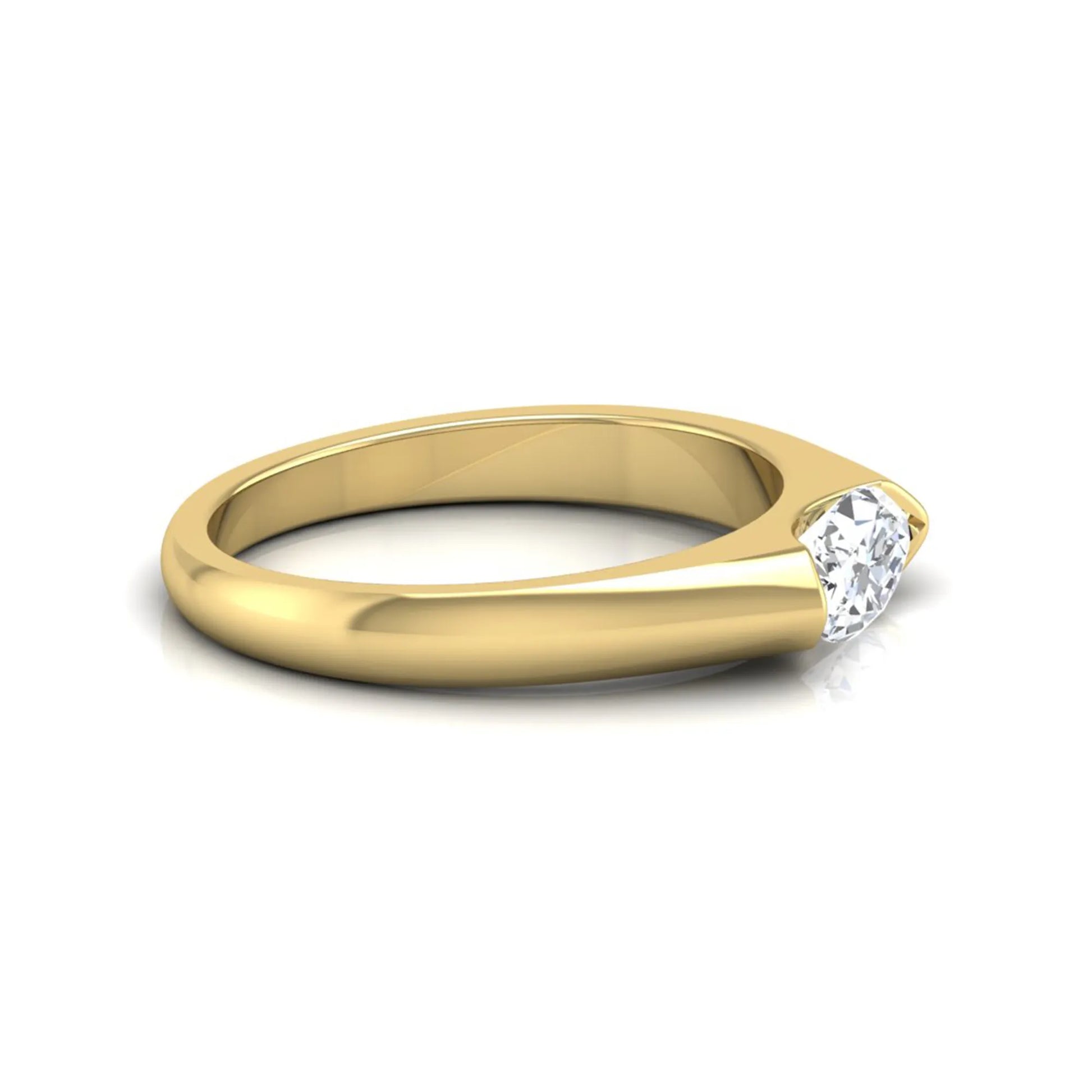 Marquise cut lab grown diamond engagement ring with bezel setting and polished yellow gold tone tapered band