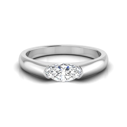 Marquise cut lab grown diamond engagement ring with bezel setting and polished white gold tone tapered band