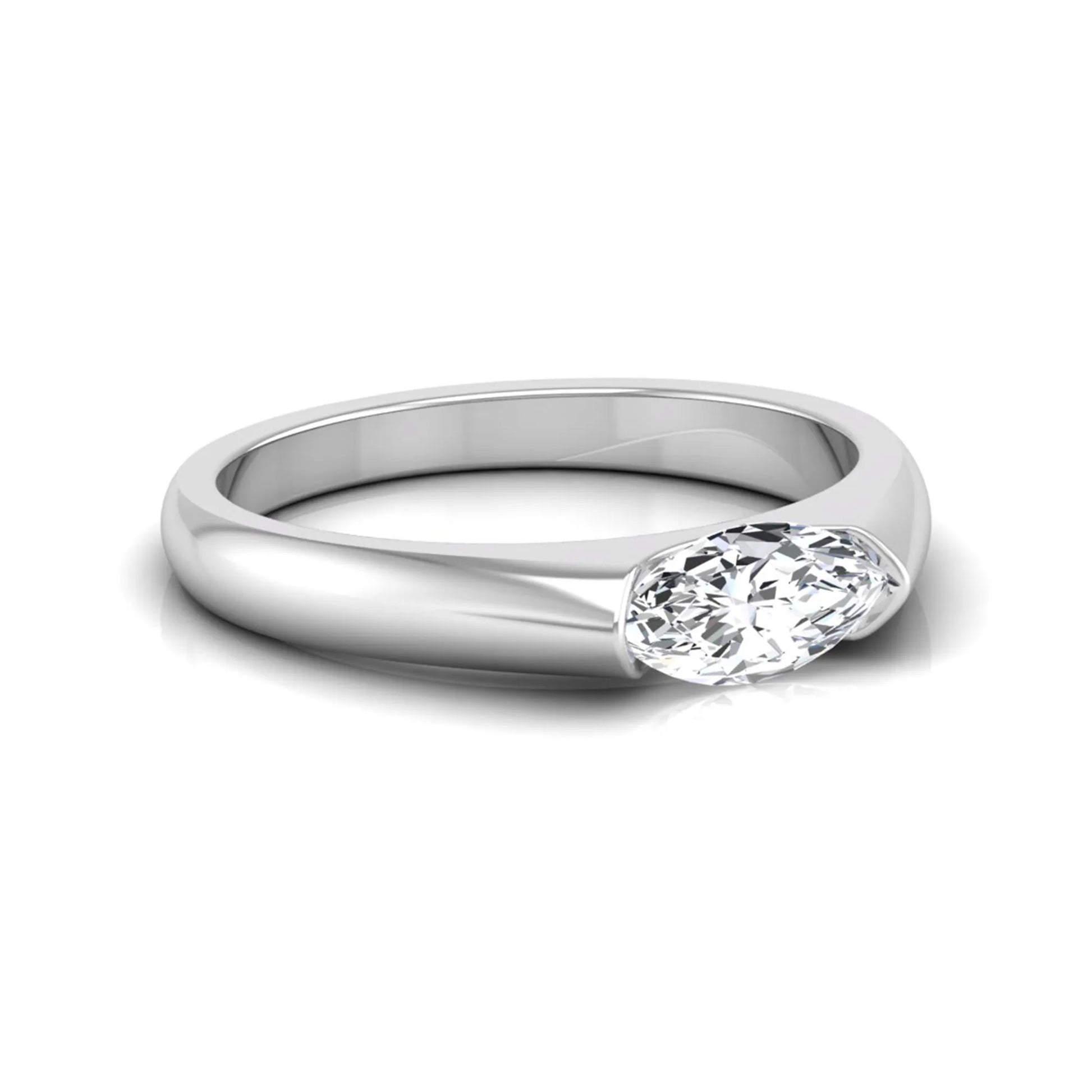 Marquise cut lab grown diamond engagement ring with bezel setting and polished white gold tone tapered band