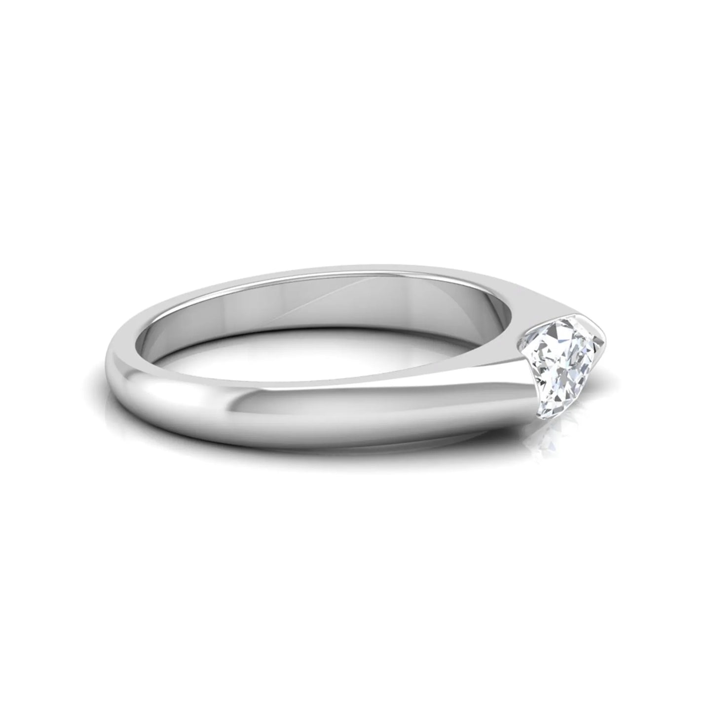 Marquise cut lab grown diamond engagement ring with bezel setting and polished white gold tone tapered band