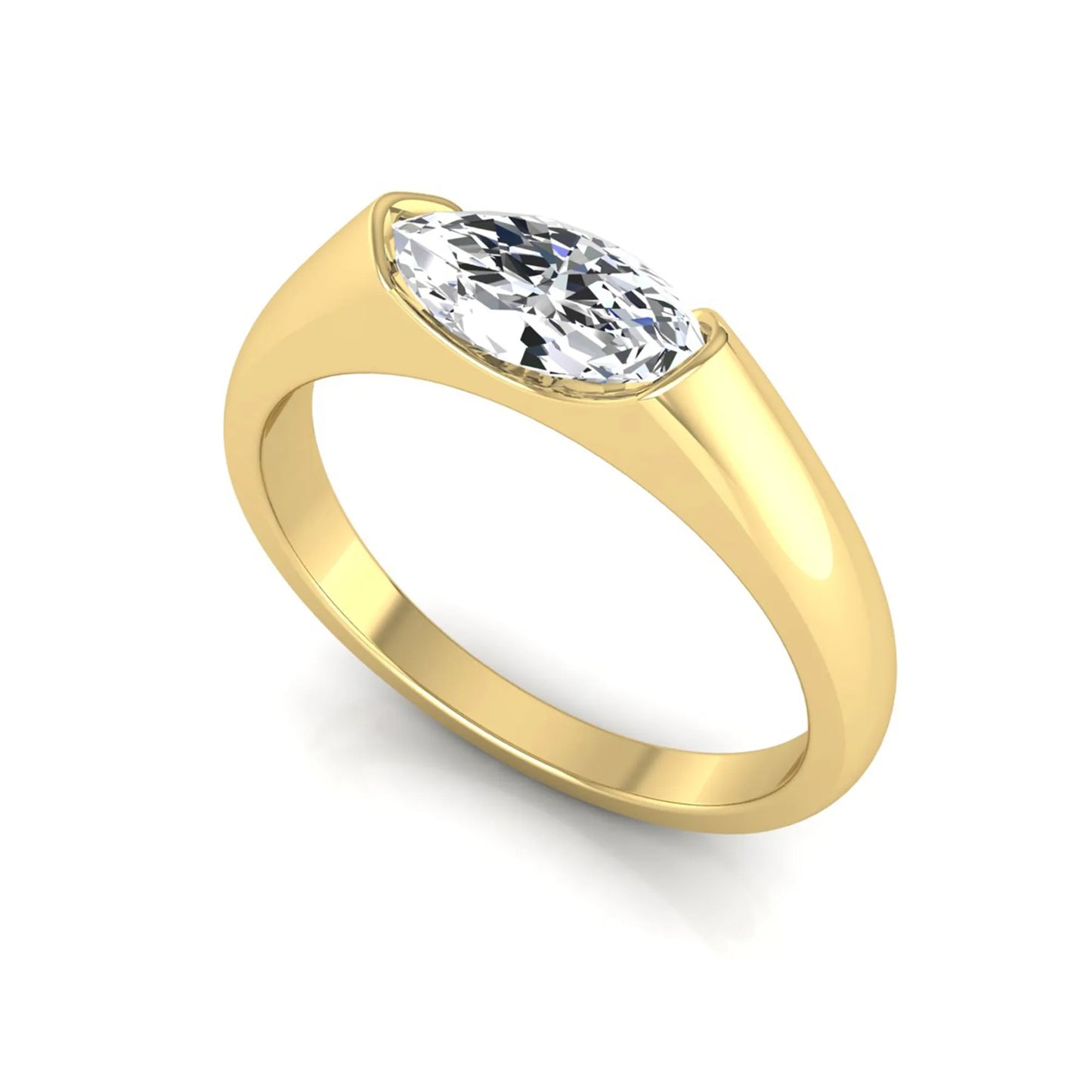 Marquise cut lab grown diamond engagement ring with bezel setting and polished yellow gold tone tapered band