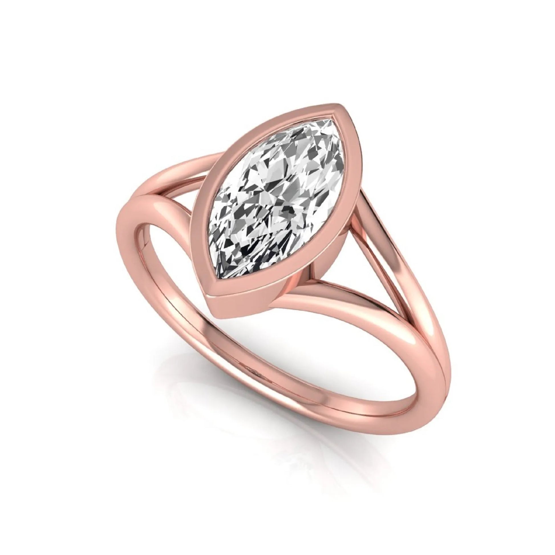 Marquise cut lab grown diamond engagement ring featuring a 1.62 carat center diamond in a modern bezel setting with an elegant split shank and polished rose gold finish.