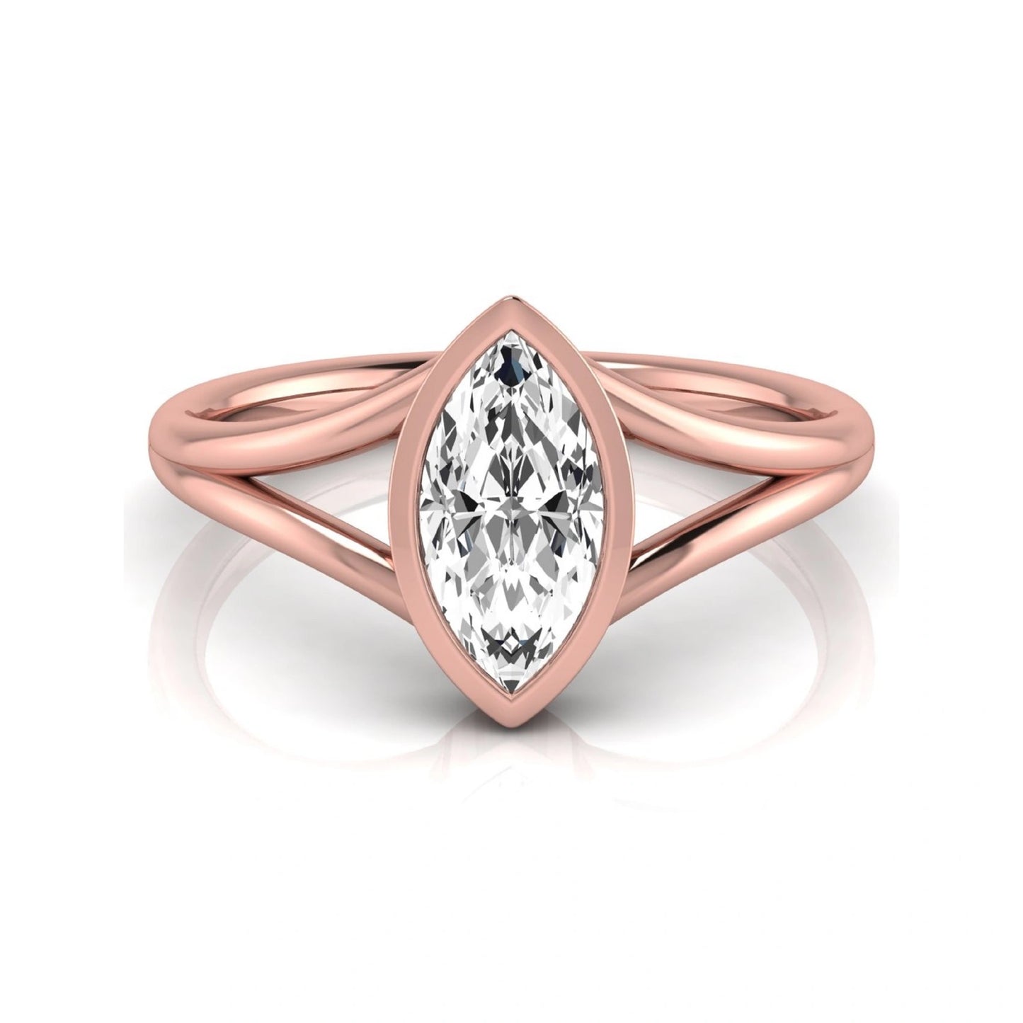 Marquise cut lab grown diamond engagement ring featuring a 1.62 carat center diamond in a modern bezel setting with an elegant split shank and polished rose gold finish.
