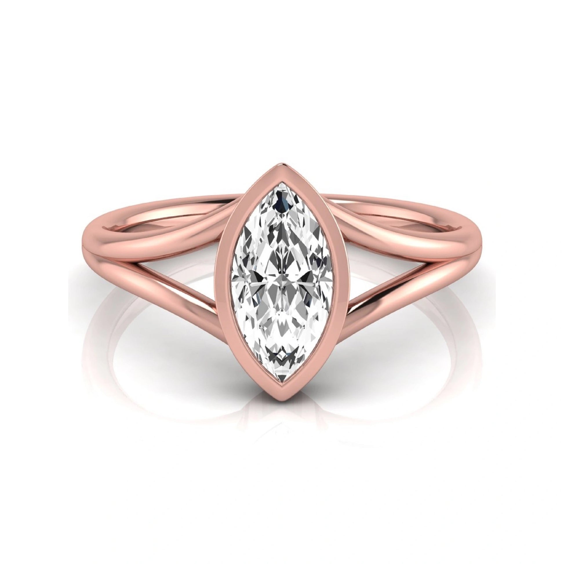 Marquise cut lab grown diamond engagement ring featuring a 1.62 carat center diamond in a modern bezel setting with an elegant split shank and polished rose gold finish.