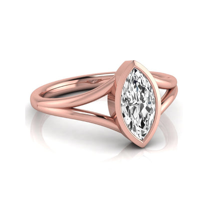 Marquise cut lab grown diamond engagement ring featuring a 1.62 carat center diamond in a modern bezel setting with an elegant split shank and polished rose gold finish.