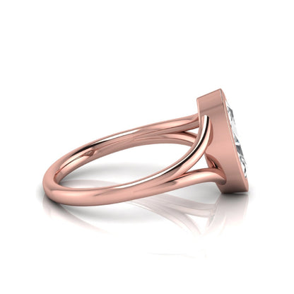 Marquise cut lab grown diamond engagement ring featuring a 1.62 carat center diamond in a modern bezel setting with an elegant split shank and polished rose gold finish.