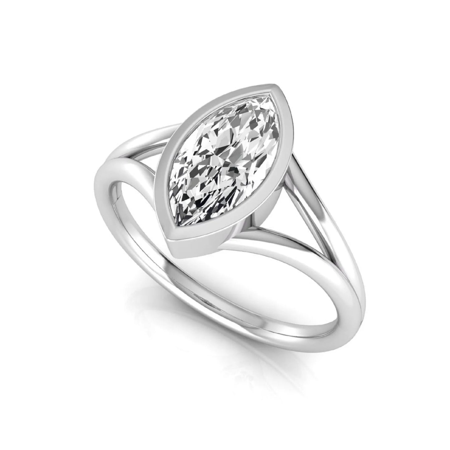 Marquise cut lab grown diamond engagement ring featuring a 1.62 carat center diamond in a modern bezel setting with an elegant split shank and polished white gold finish.