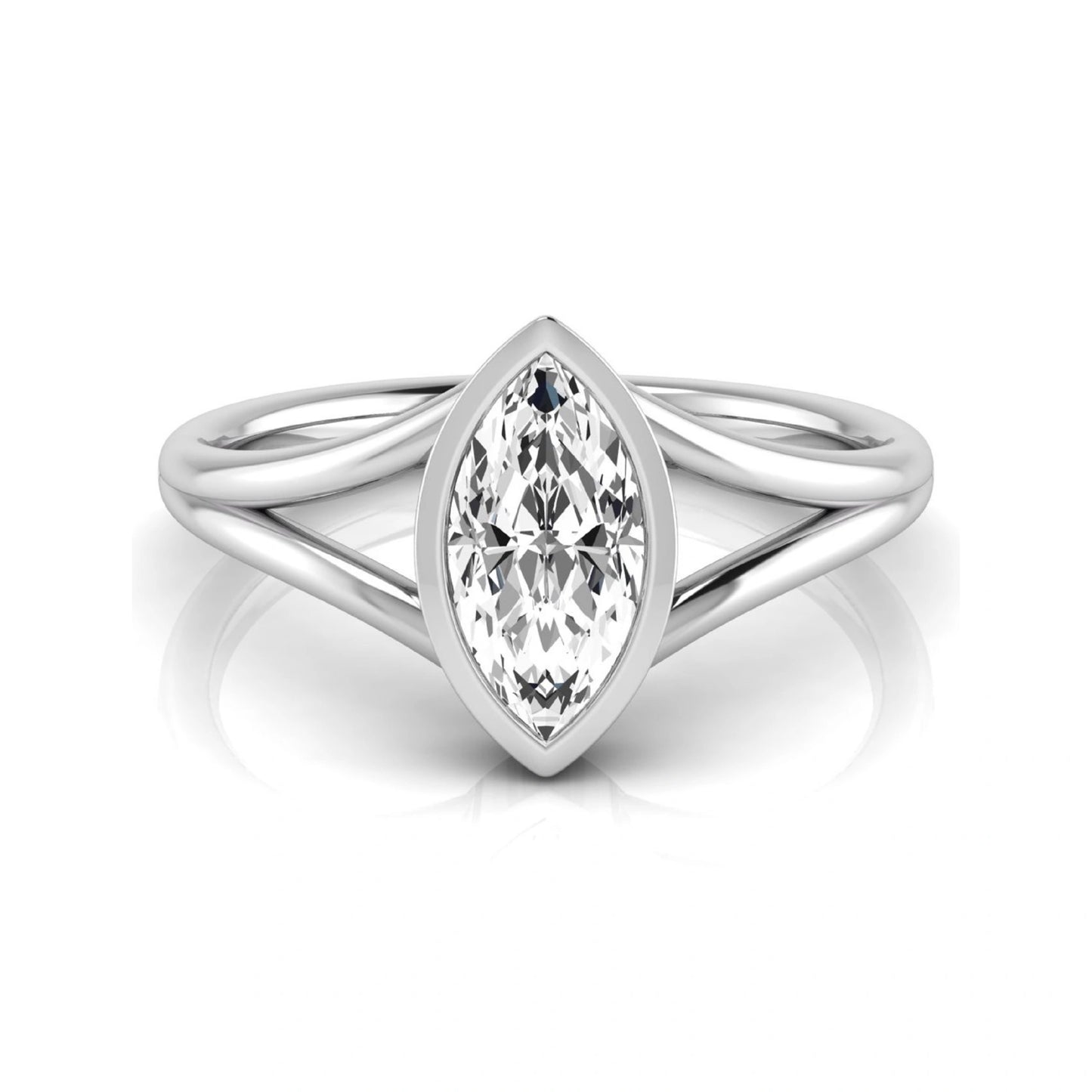 Marquise cut lab grown diamond engagement ring featuring a 1.62 carat center diamond in a modern bezel setting with an elegant split shank and polished white gold finish.
