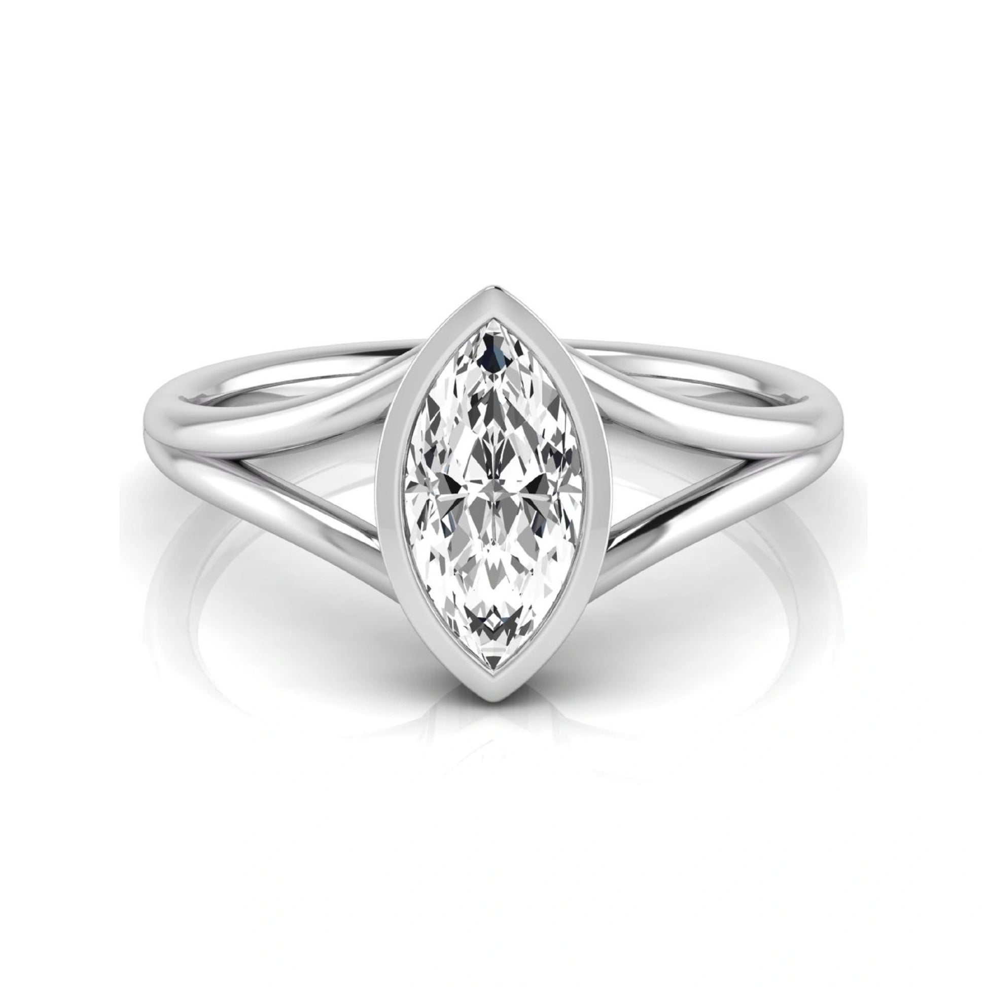 Marquise cut lab grown diamond engagement ring featuring a 1.62 carat center diamond in a modern bezel setting with an elegant split shank and polished white gold finish.