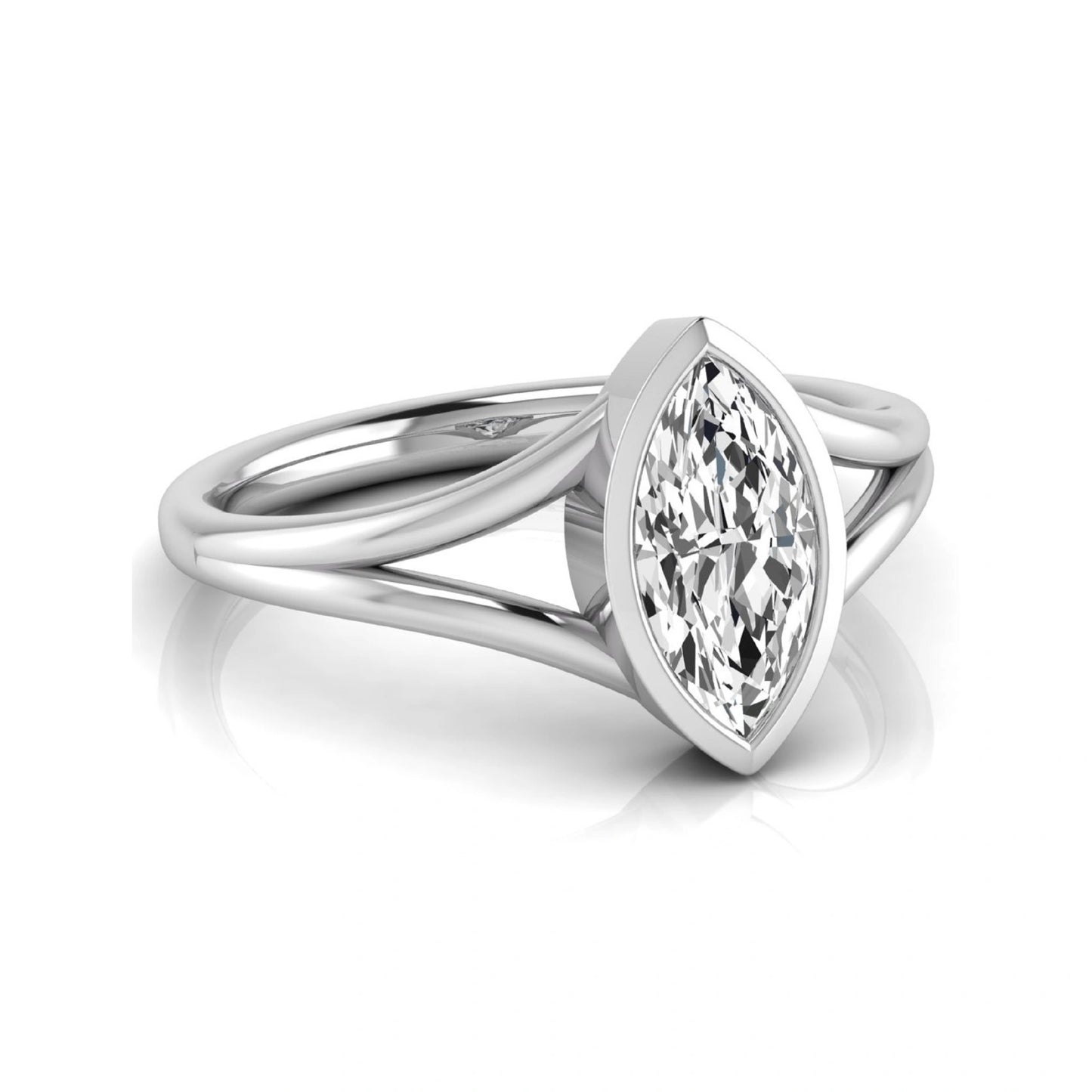 Marquise cut lab grown diamond engagement ring featuring a 1.62 carat center diamond in a modern bezel setting with an elegant split shank and polished white gold finish.