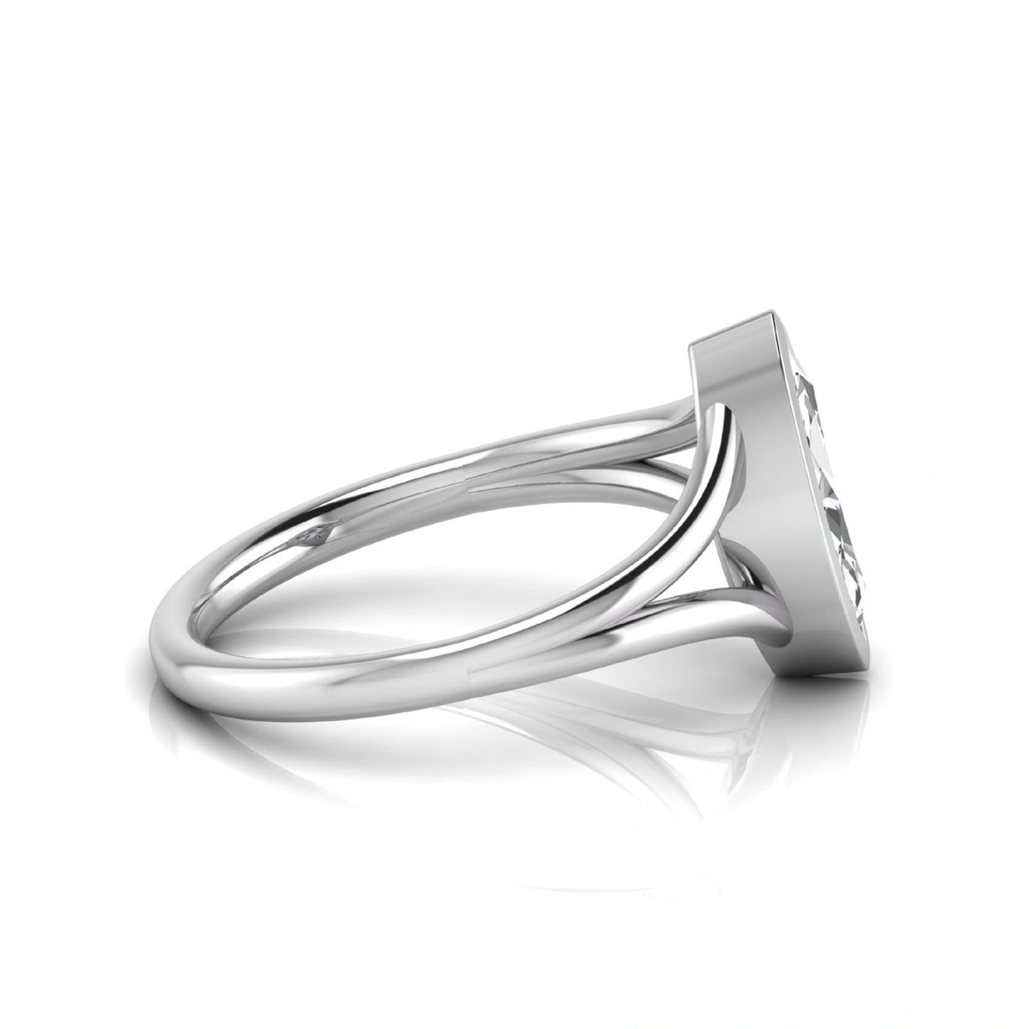 Marquise cut lab grown diamond engagement ring featuring a 1.62 carat center diamond in a modern bezel setting with an elegant split shank and polished white gold finish.