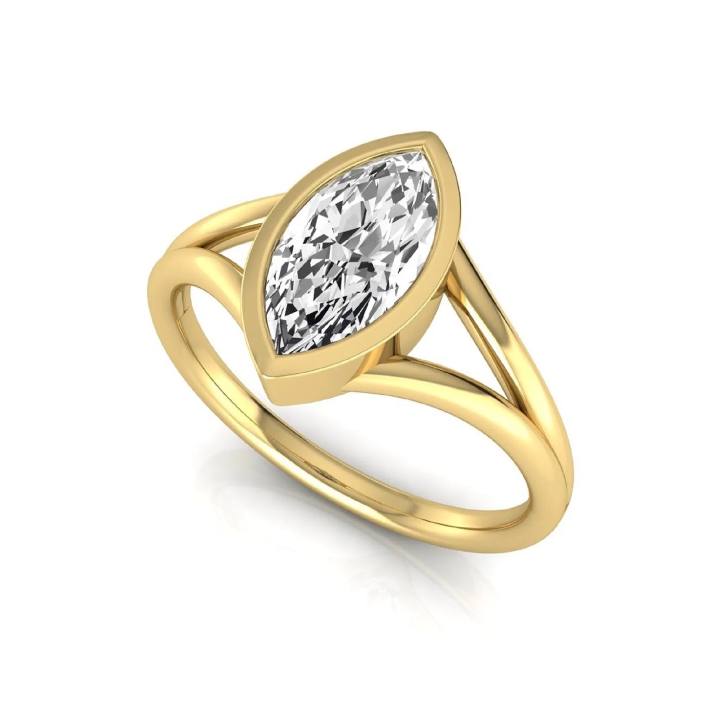 Marquise cut lab grown diamond engagement ring featuring a 1.62 carat center diamond in a modern bezel setting with an elegant split shank and polished yellow gold finish.
